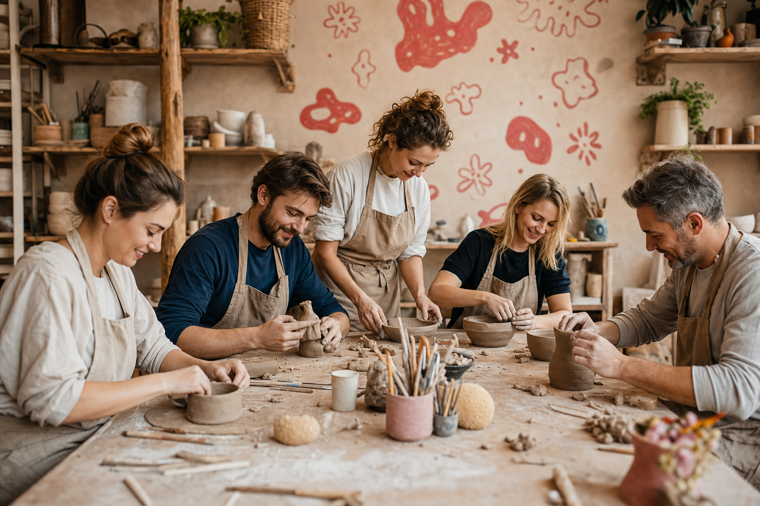 Dorośli podczas warsztatów ceramicznych przy stole z gliną