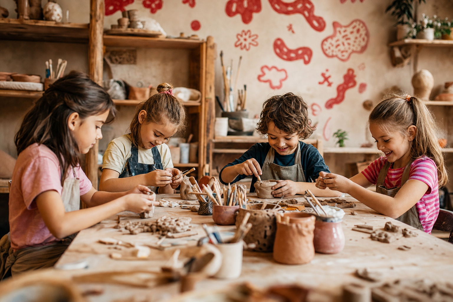 Dzieci przy stole pracujące z gliną podczas warsztatów ceramicznych